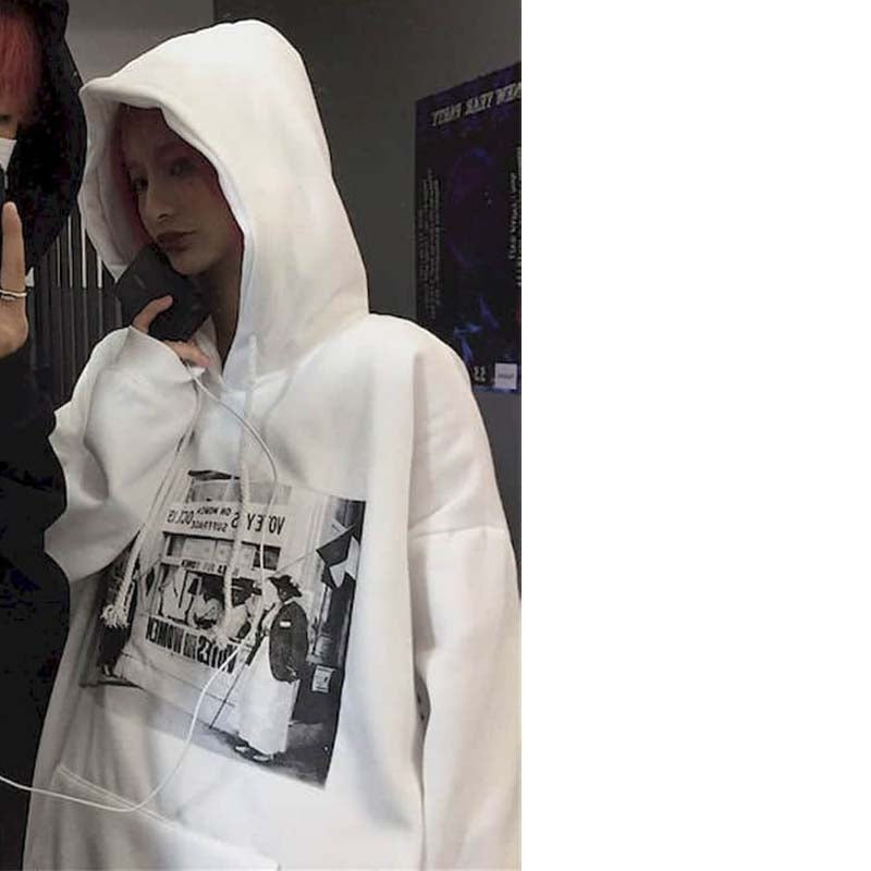 Lightning Print Losse Plus Fleece Hooded Sweatshirt